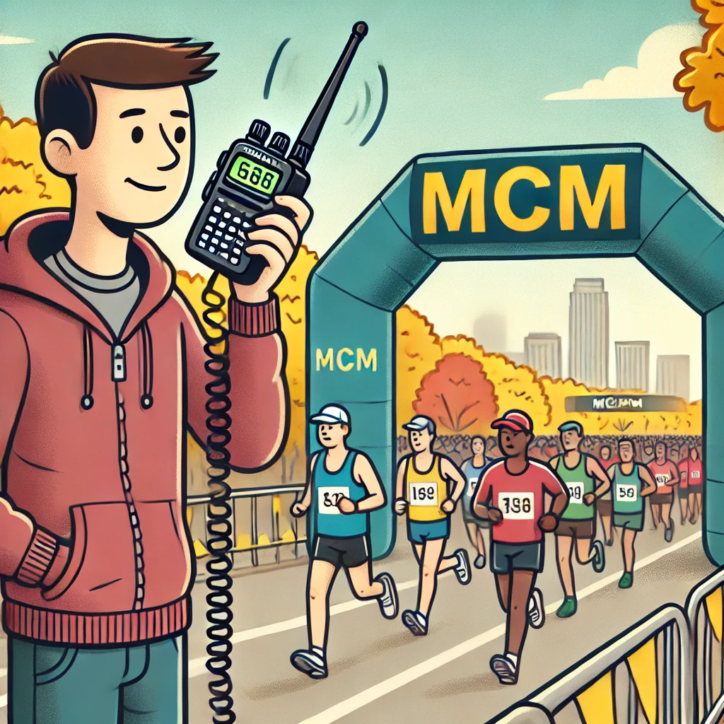 Cartoon of a person on a radio next to the Marine Corps Marathon. 